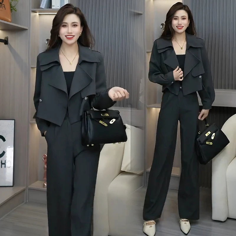 时尚套装女2025春季新款洋气质显瘦短款风衣外套高腰阔腿裤两件套