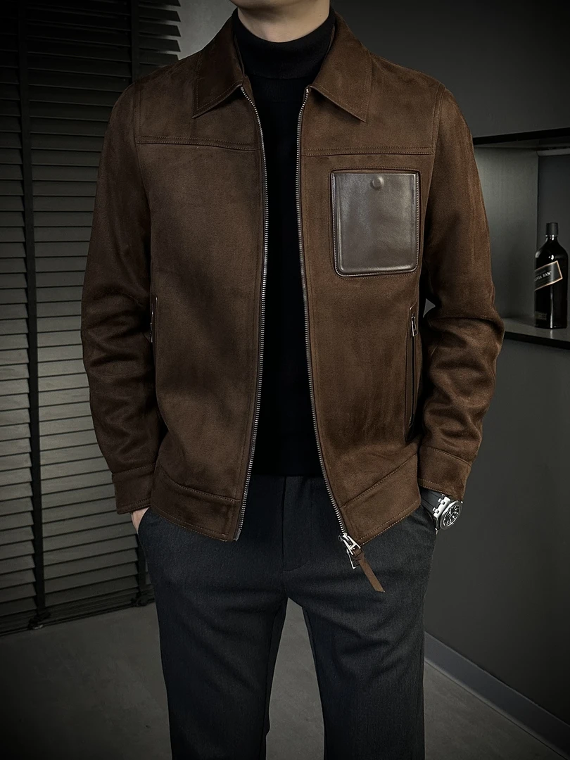 KING&GUCH【鹿皮绒拼皮】秋季2025新款男士翻领百搭休闲夹克50372