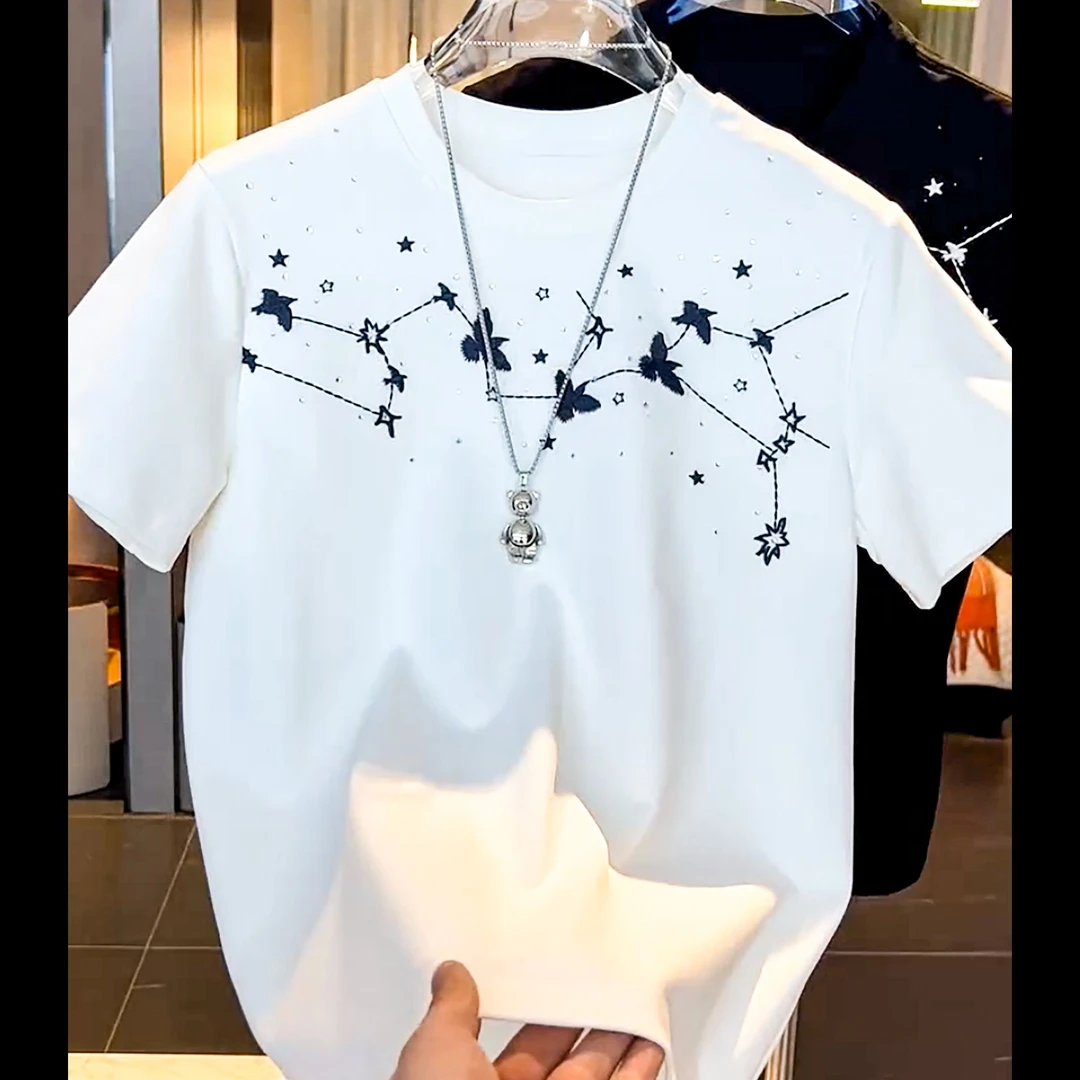 美式痞帅重磅短袖T恤青年男女百搭烫钻印花款夏季ins潮牌圆领上衣
