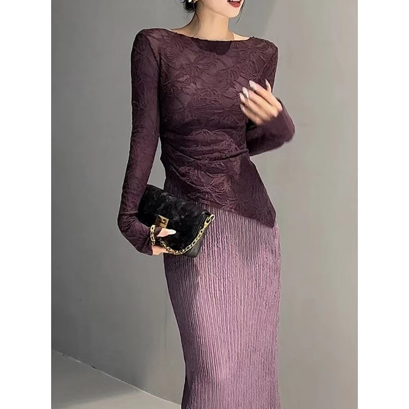 高领长袖秋冬网红镂空修身套装显瘦蕾丝开叉针织时尚套装气质