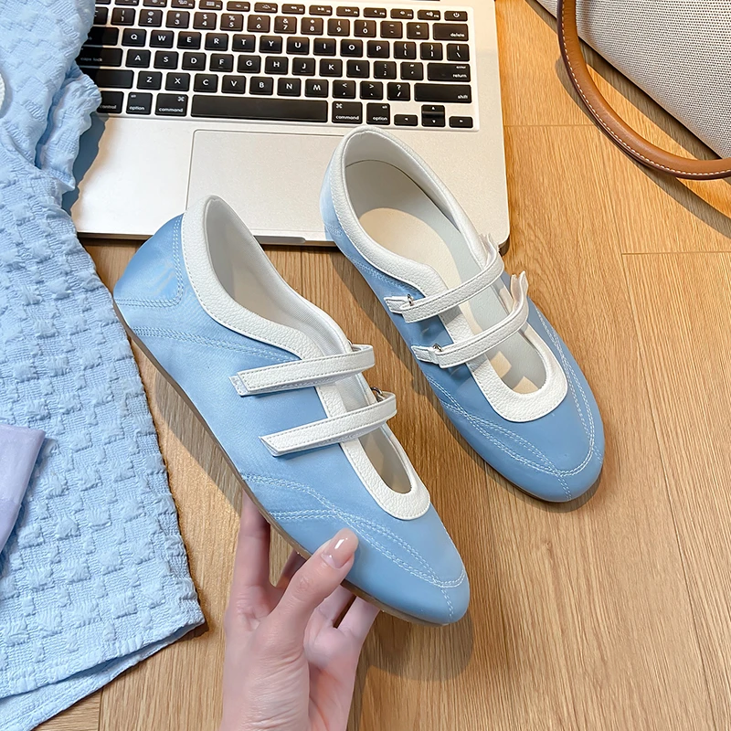 蓝色玛丽珍鞋女2025年夏季韩版新款魔术贴芭蕾舞鞋不累脚平底单鞋