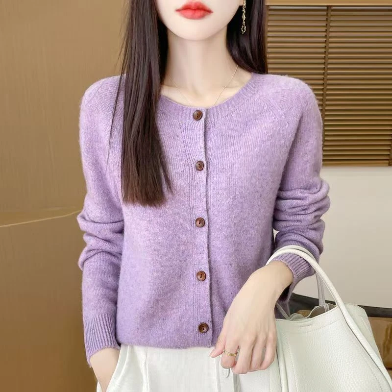 281【一线成衣】100%纯羊毛女7针加厚点子纱圆领开衫宽松针织毛衣