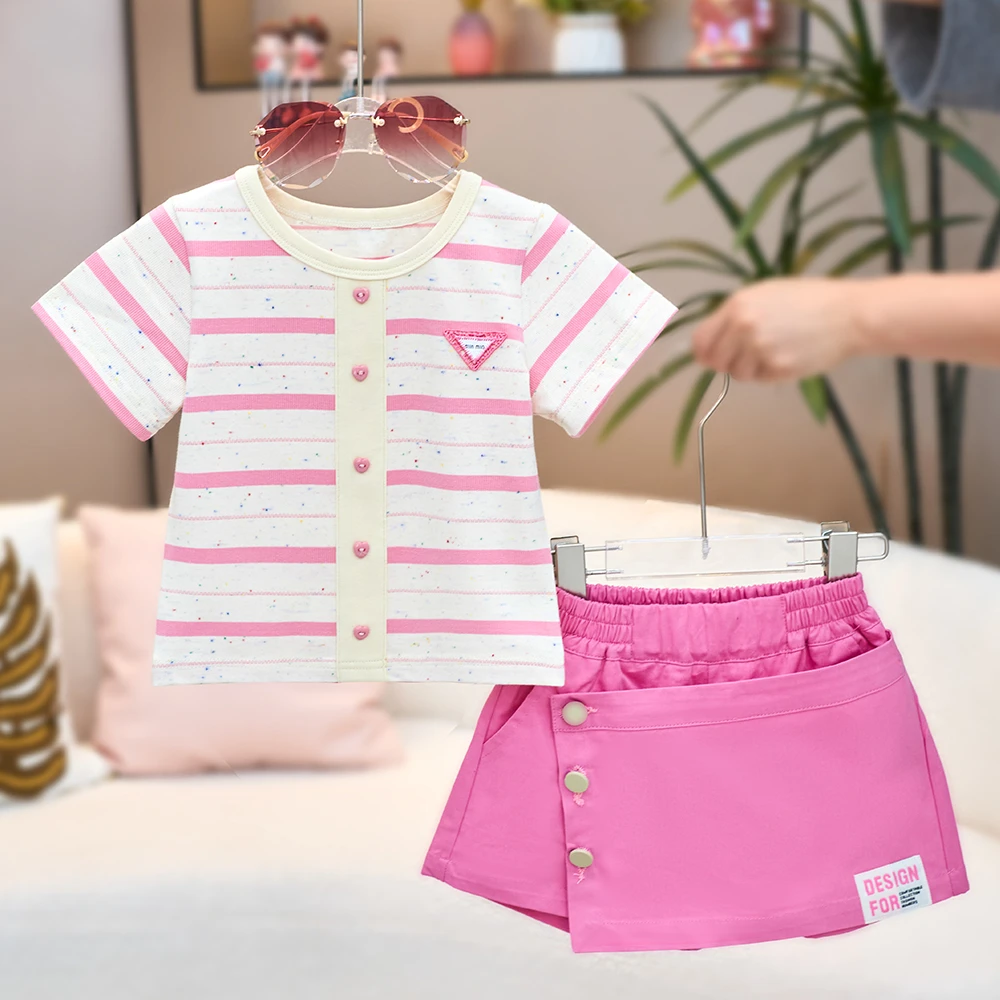 亲子装夏季新款女童时尚短袖T恤条纹 半身裙裤母女装不规则短裤潮