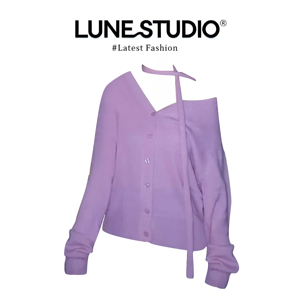 白露同款甜美风软糯飘带针织开衫女秋冬松弛感紫色毛衣