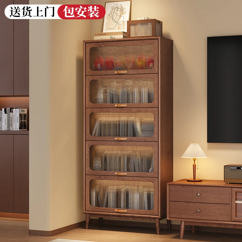 实木防尘书柜落地家用客厅带玻璃门书架展示置物架角落储物收纳架