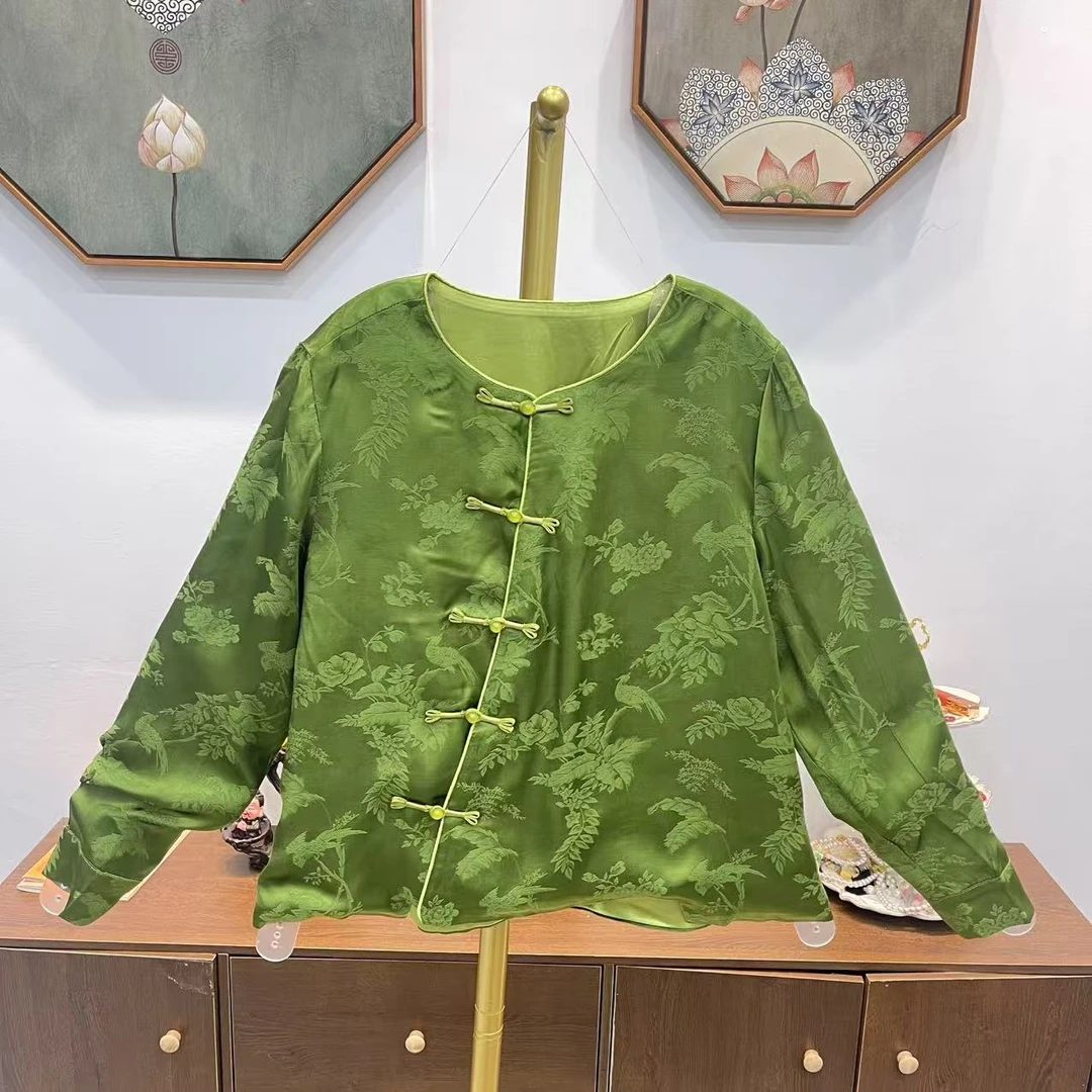 新中式国风圆领钉珠喜上眉梢提花斜襟衬衣女2025春季复古上衣