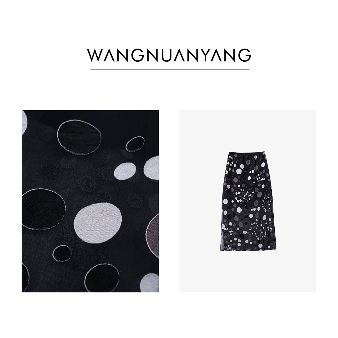 【WNY】波光绯色｜黑色波点人丝显瘦直筒半身裙（24N80093）