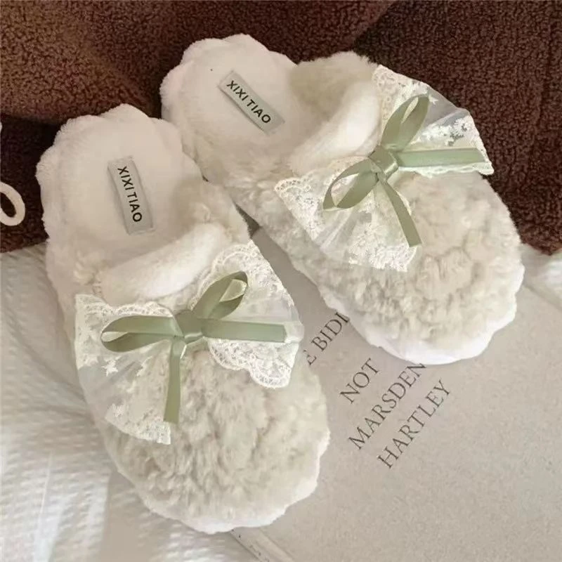 冬季棉拖鞋女款学生版蝴蝶结厚底防滑保暖居家休闲百搭家庭拖鞋女