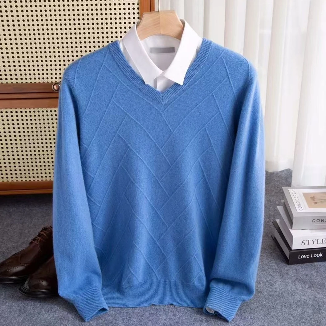 高端100%纯羊毛衫男V领商务针织衫毛衣秋冬季时尚打底衫提花上衣