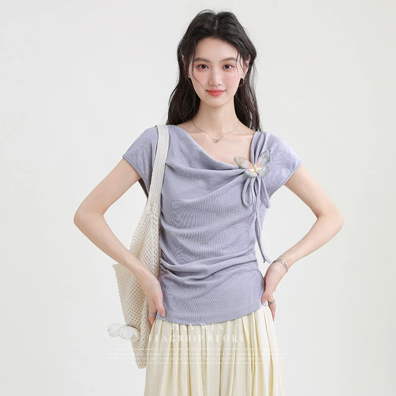 法式荡领立体蝴蝶结短袖T恤女2025夏季新紫色不规则设计别致上衣