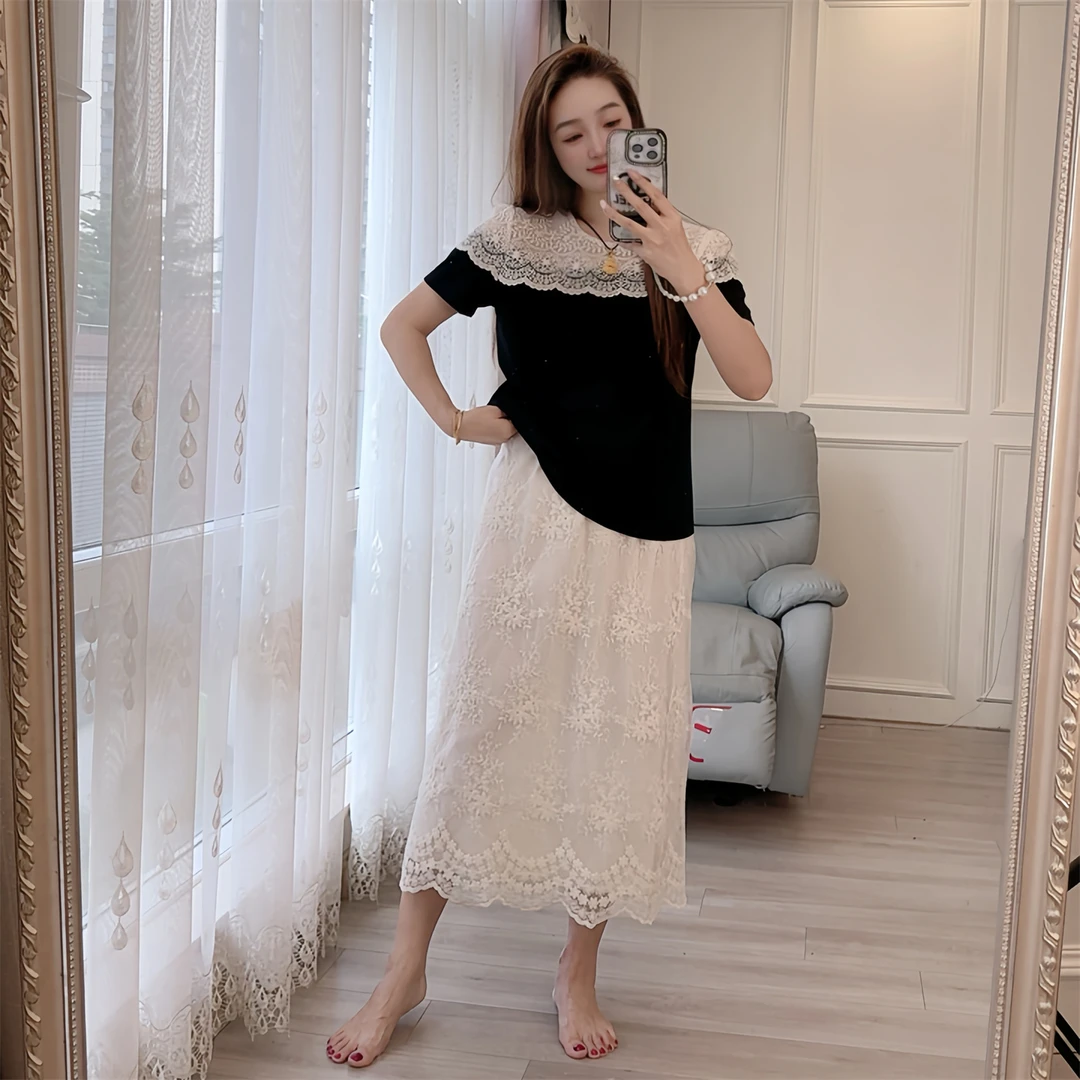 2598现货夏季套头短袖T恤蕾丝拼接显瘦女装圆领法式百搭气质上衣