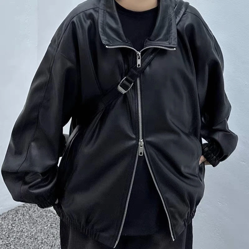 仓5-1 帅酷了翻领黑色双头拉链休闲PU外套