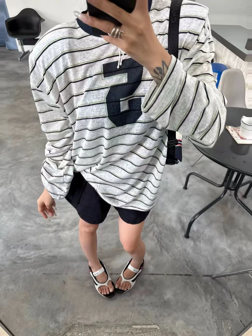 【福利款no退No换】宽松慵懒条纹字母印花长袖防晒T女