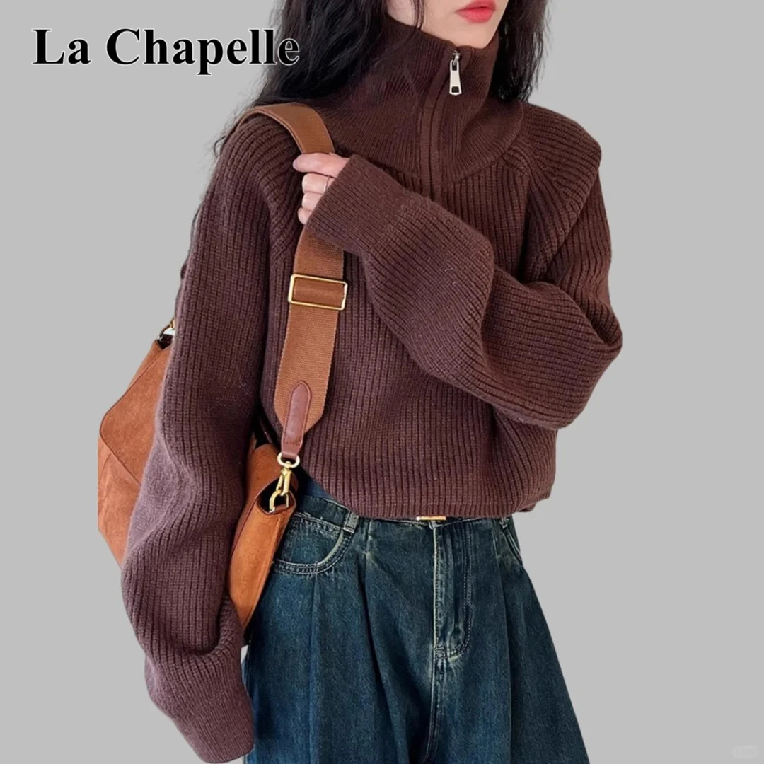 拉夏贝尔美拉德半高领拉链针织衫女秋季新款宽松时尚百搭短款毛衣