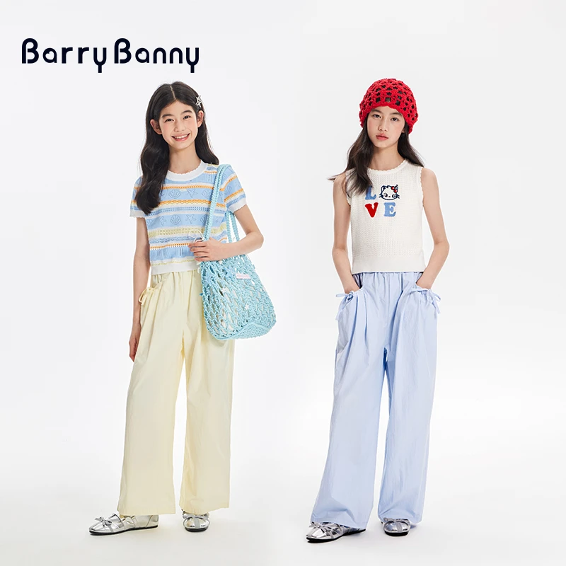 BarryBanny2025夏季新款女童浅色阔腿运动休闲裤上衣T恤套装宽松