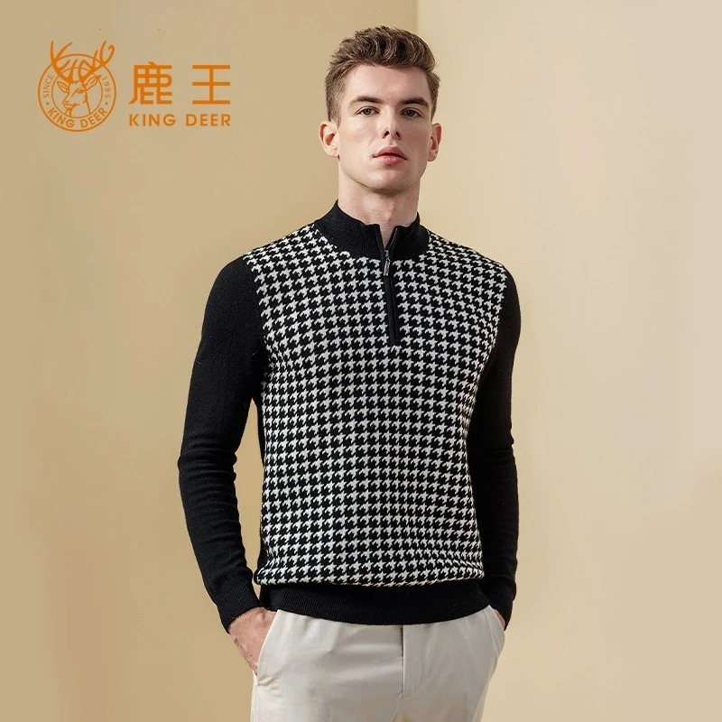 鹿王新款男半高拉链领100山羊绒经典千鸟格针织套衫 厚 101613050