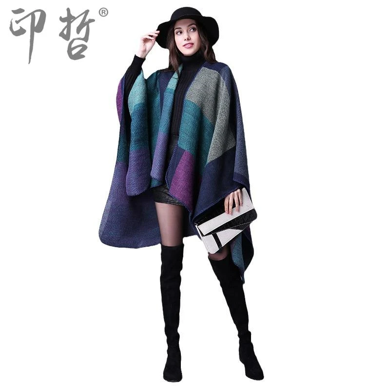 秋冬围巾百搭格子女士旅行披肩仿羊绒欧美民族风开叉加厚斗篷