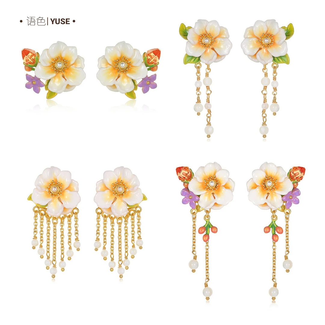 语色 铜合金珐琅耳饰 【财富女神】的白色茉莉花~流苏耳钉