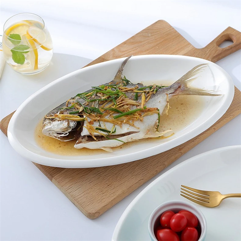 酒店新款纯色餐具白色陶瓷大号旦行蒸鱼盘椭圆盘子家用创意菜盘