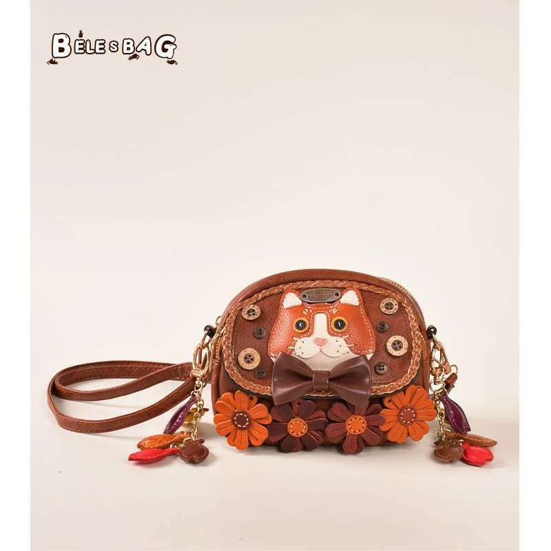 BELE新款原创设计鱼趣喵棕单肩手提斜挎包女士时尚包包