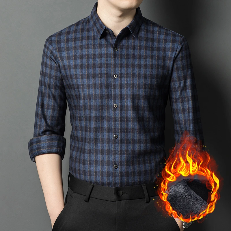 男士冬季防寒保暖长袖衬衫男士磨毛加绒格子商务衬衣男