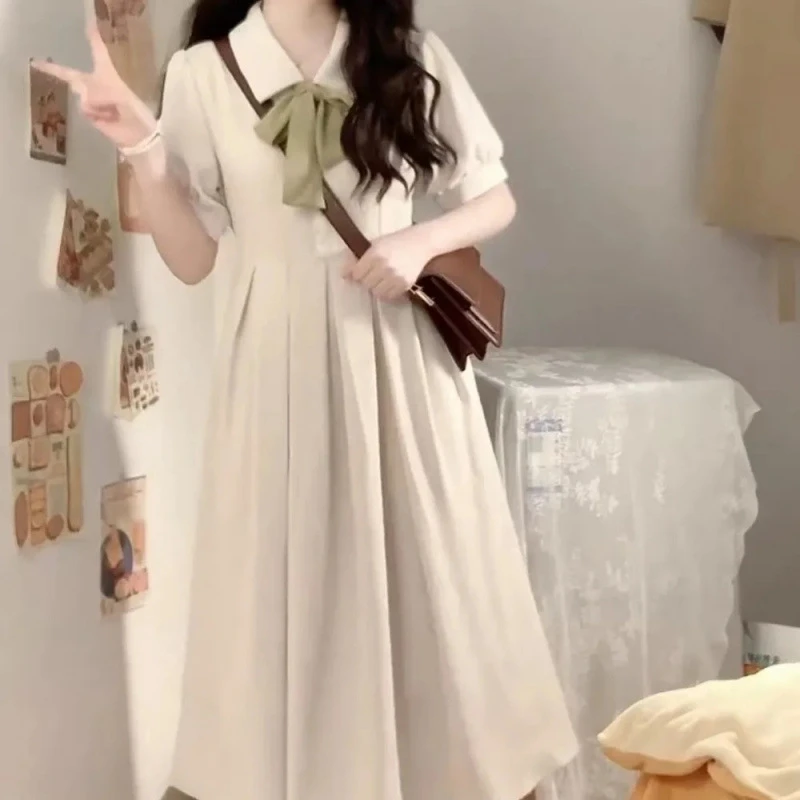 系带蝴蝶结连衣裙女学生夏季新款学院风甜美收腰中长款显瘦字裙