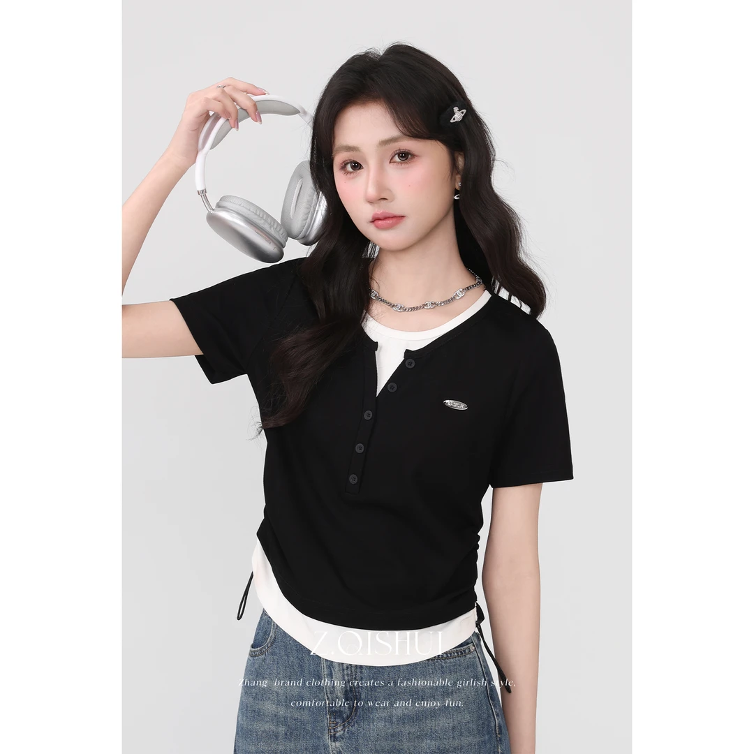 张汽水黑色圆领短袖正肩t恤女宽松百搭显瘦假两件上衣Z15906