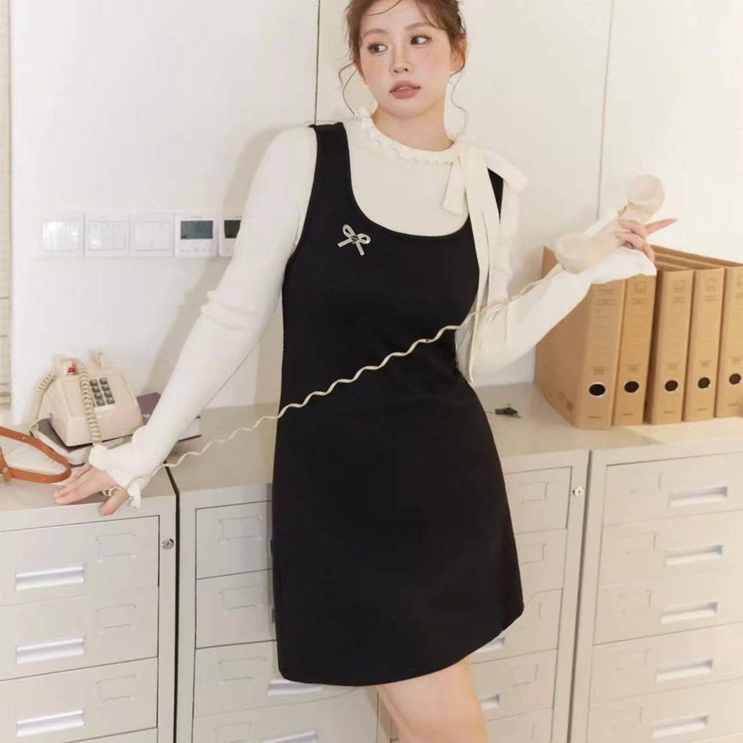 法式复古气质假两件针织连衣裙收腰修身过膝A字裙