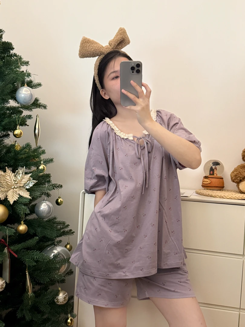 浅紫色樱桃纯棉睡衣女ins田园风圆领短袖短裤家居服宽松甜美套装