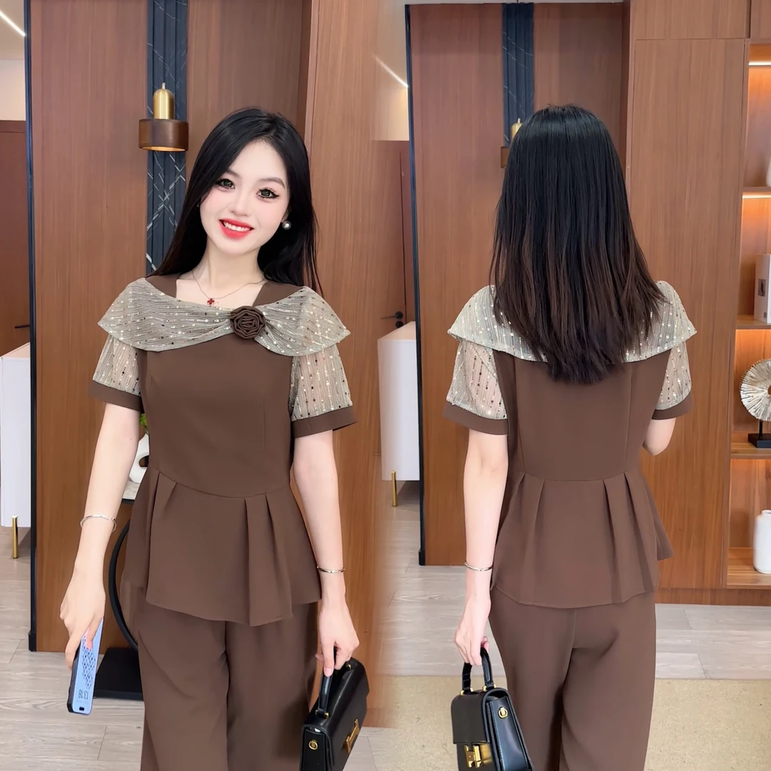 时尚蕾丝拼接短袖小衫搭配高腰阔腿裤夏季女士套装洋气显瘦两件套
