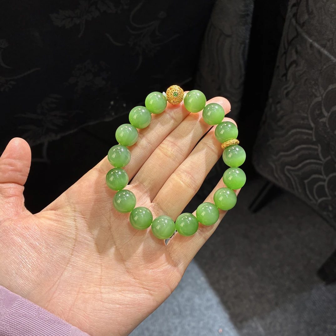 【古冉优选】和田玉俄碧冰底粉绿荧光手串卡12