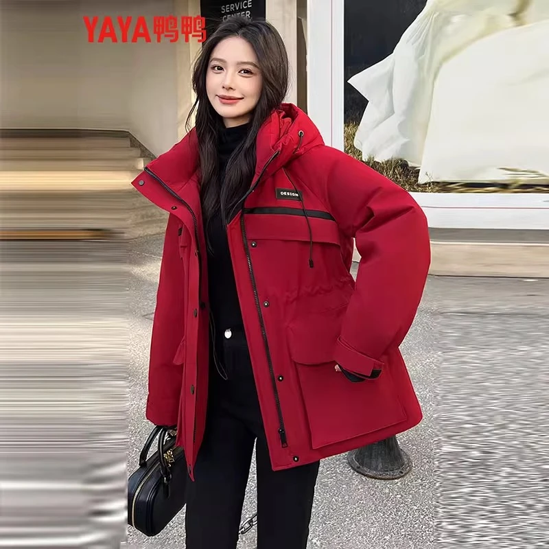 鸭鸭冲锋派克羽绒服女2025新款秋冬时尚爆款收腰连帽三防工装外套