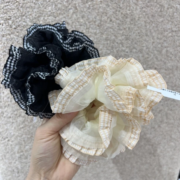 欧尼同款欧根纱格子花边肠圈气质