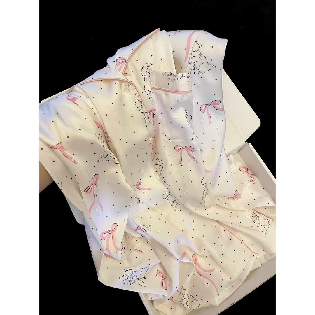 【甜美蝴蝶结】冰丝睡衣春秋款女纯欲可外穿长袖长裤家居服三件套