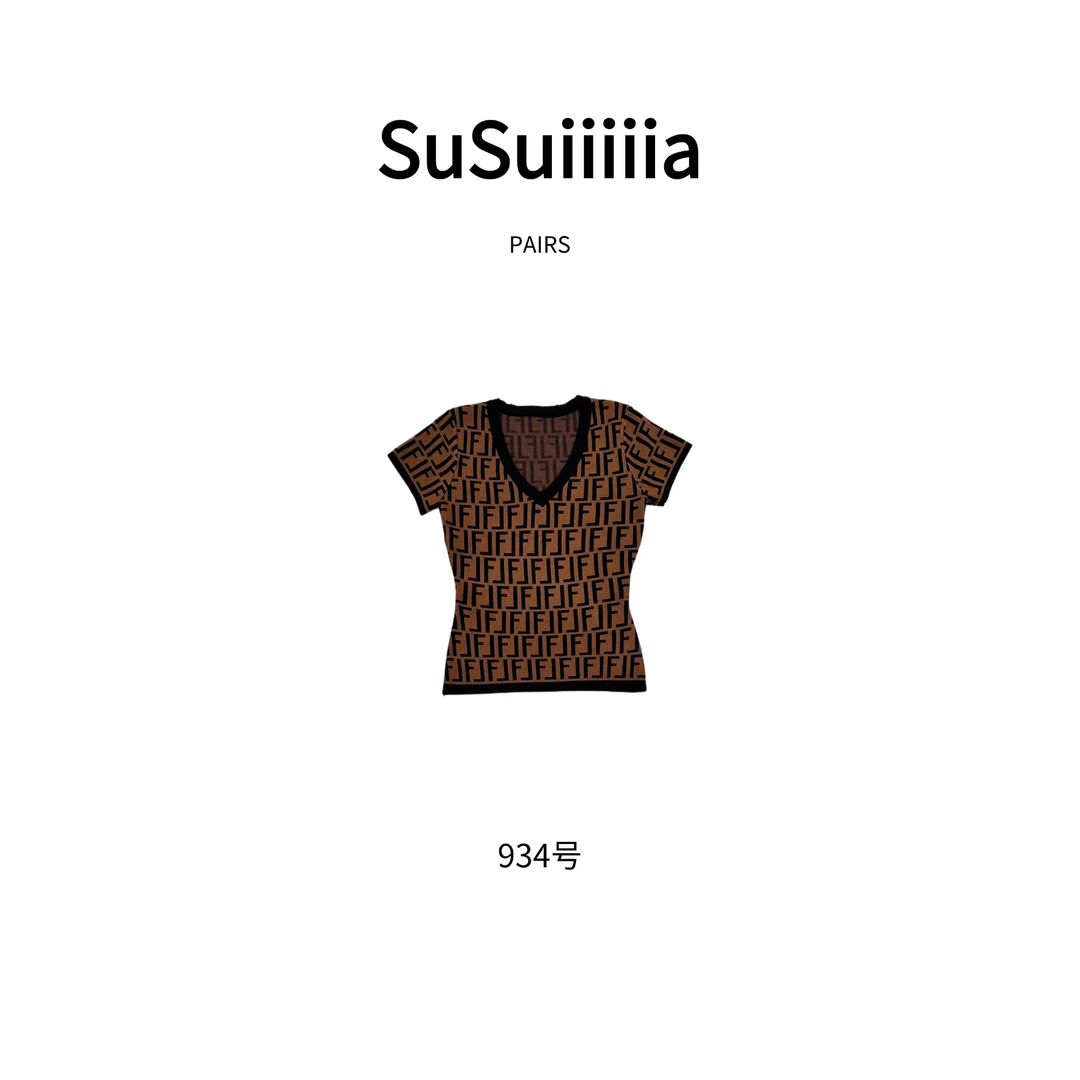 【夏夜晚风】早春新款V领简约修身针织短袖上衣934号