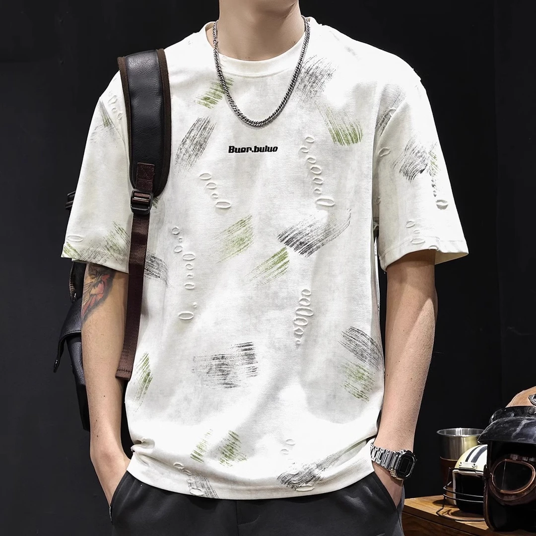 仓石一树重磅提花破洞潮牌短袖t恤男士夏季2025新款大码上衣体恤