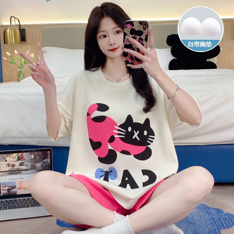 带胸垫短袖睡衣套装女生夏季2025年新款家居服甜美可爱卡通小红猫