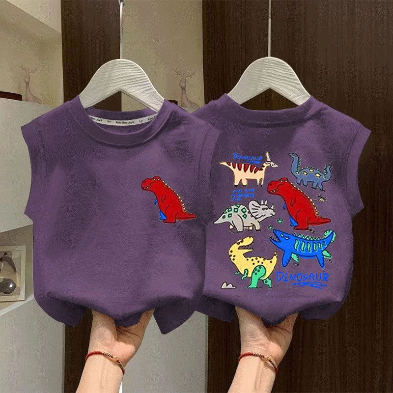 新款纯棉背心儿童无袖T恤夏季卡通恐龙外穿男童宝宝洋气清凉上衣t