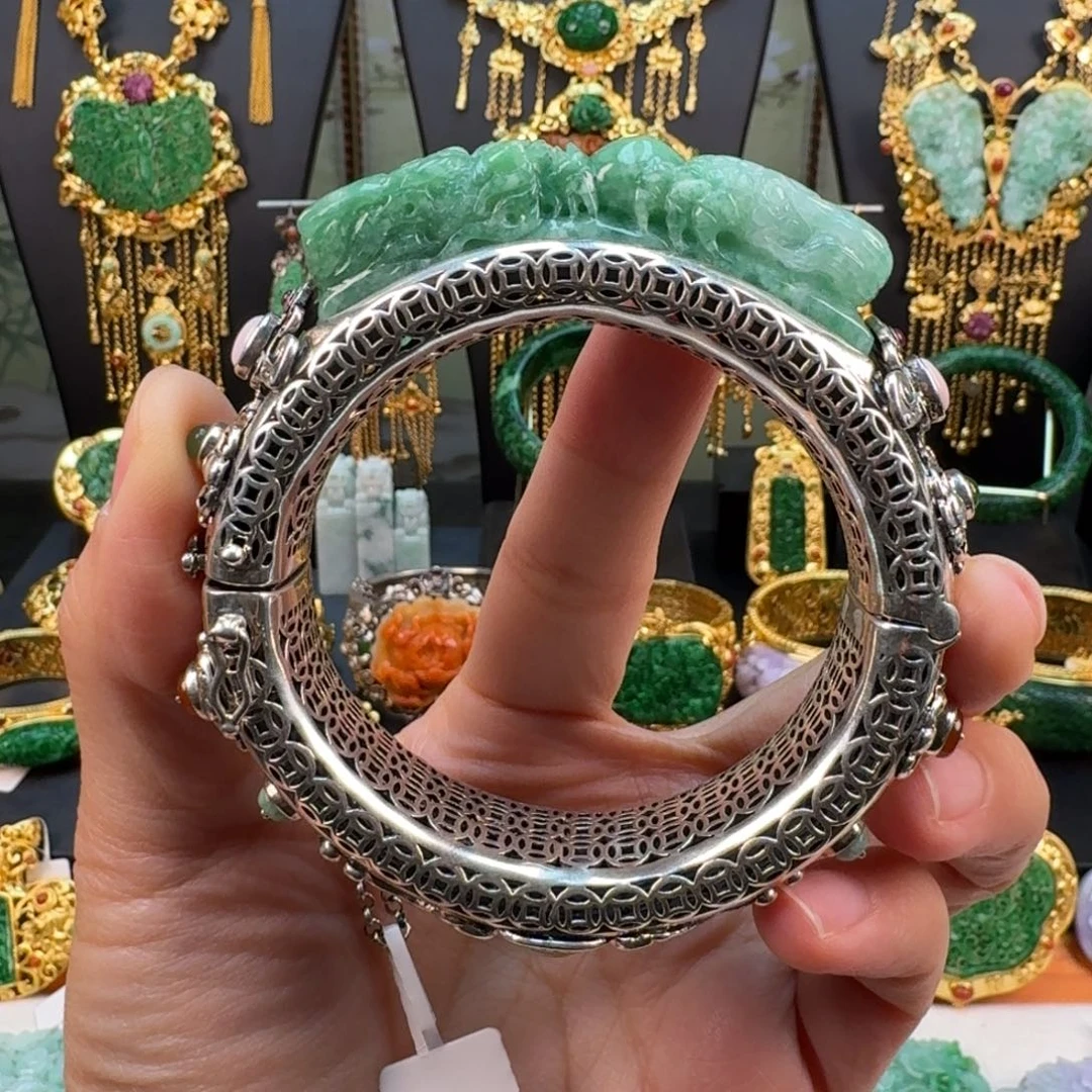 翡翠银S925镶嵌颈饰龙牌手镯 炸价
