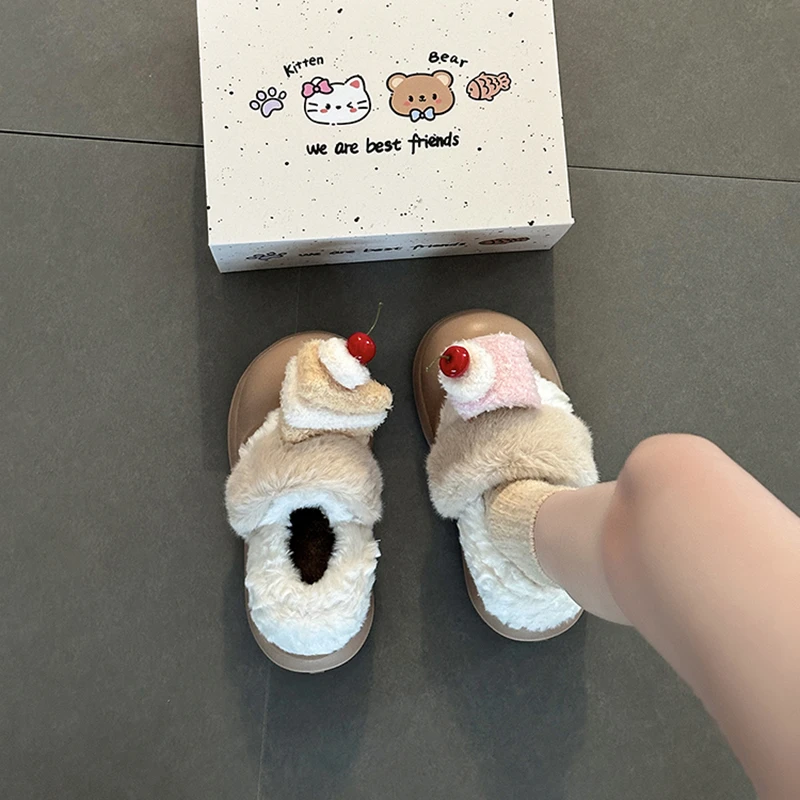 可爱卡通蛋糕毛绒棉包头拖外穿女2025年新款加绒冬季保暖棉鞋学生