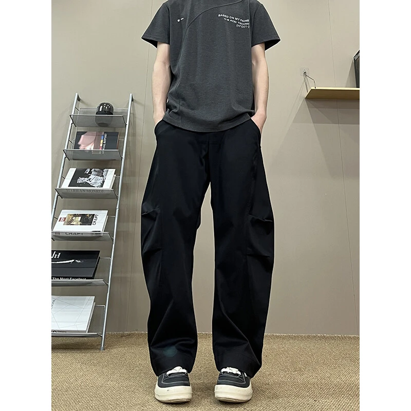 设计感弯刀裤男美式风长裤复古褶皱工装裤秋季新款宽松直筒阔腿裤