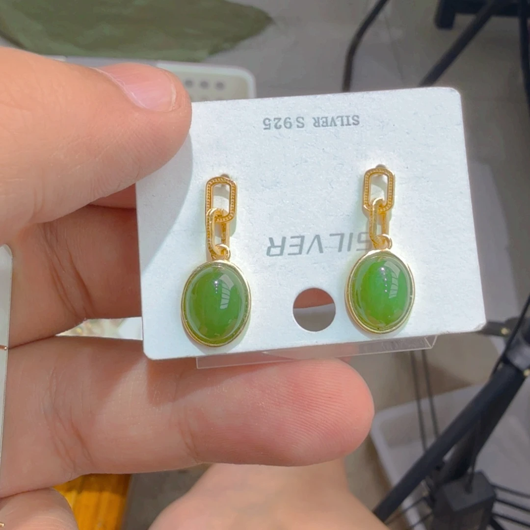 和田玉（碧玉）银S925镀金镶嵌耳饰