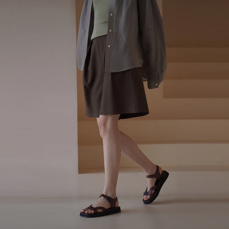 哈齿小姐 橡树拿铁短裤通勤宽松阔腿倒褶高腰显瘦西装百搭五分裤
