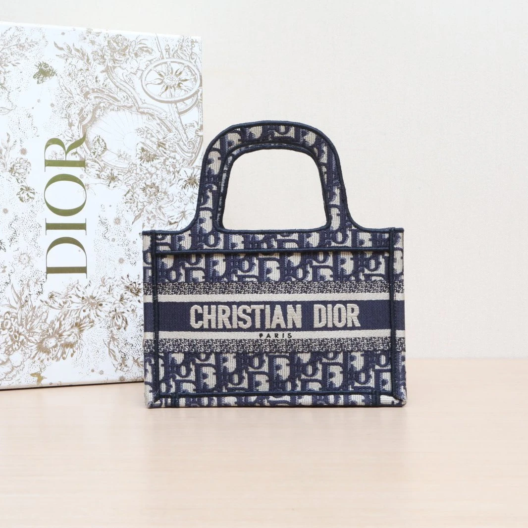 95新 DIOR/迪奥 花花Book Tote迷你 21.5 墨蓝色 帆布 Oblique