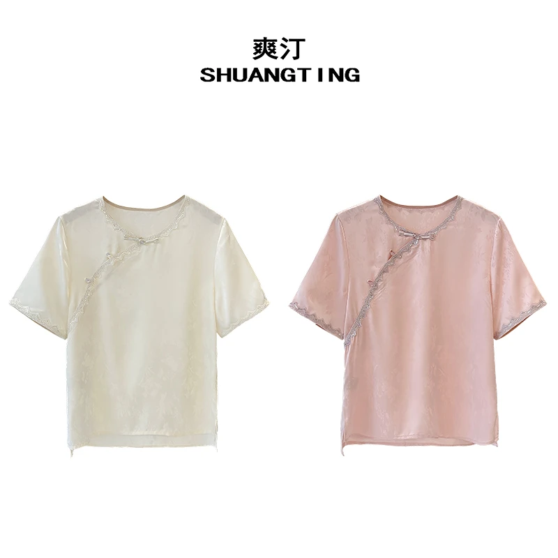 Jokara/丘可儿【折柳亭】设计感宽松气质斜襟新中式印花显瘦短袖T恤