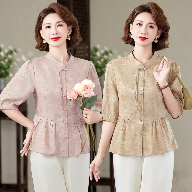 新中式妈妈端庄大气雪纺小衫2025夏季新款气质衬衫中老年女夏上衣