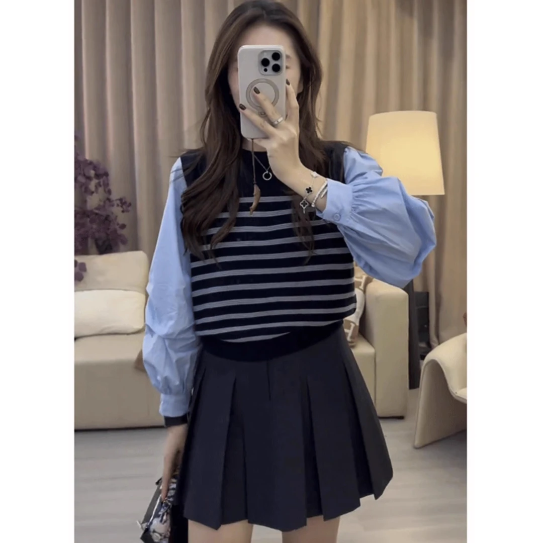 新款圆领黑白撞色条纹假两件衬衫袖拼接上衣女韩版显瘦半身裙套装