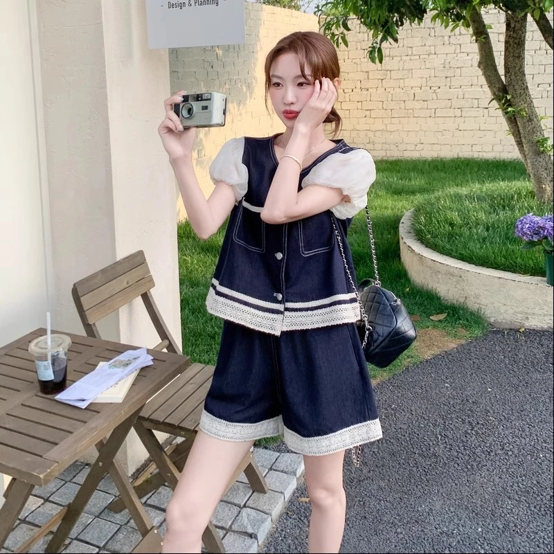 夏季ootd穿搭韩系减龄牛仔套装女蕾丝撞色短袖上衣阔腿短裤两件套