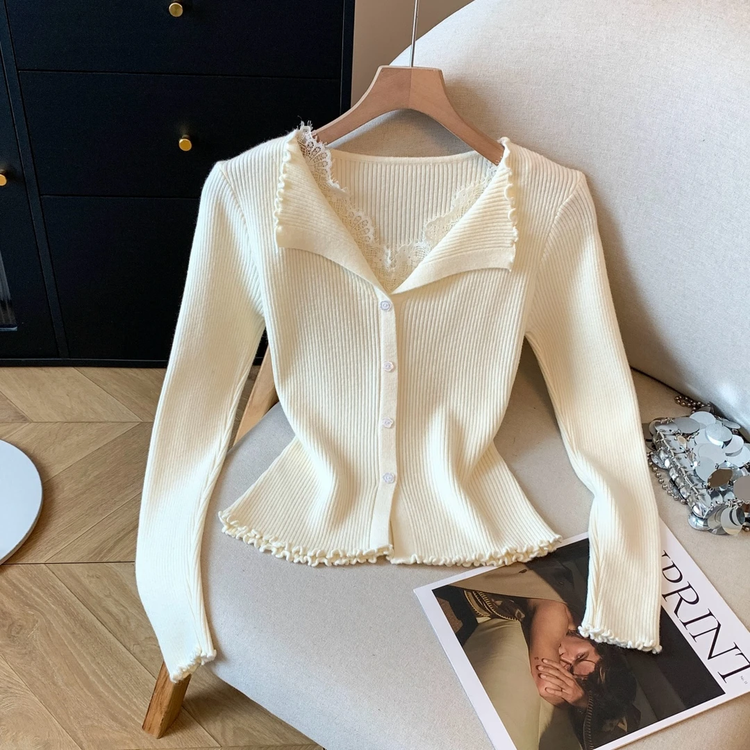 温柔风木耳边针织开衫女秋冬蕾丝拼接毛衣上衣长袖翻领内搭打底衫