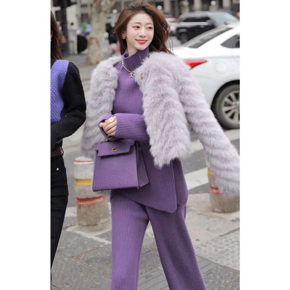 轻奢高级感紫色针织阔腿裤两件套秋冬新款加厚韩版宽松毛衣套装女